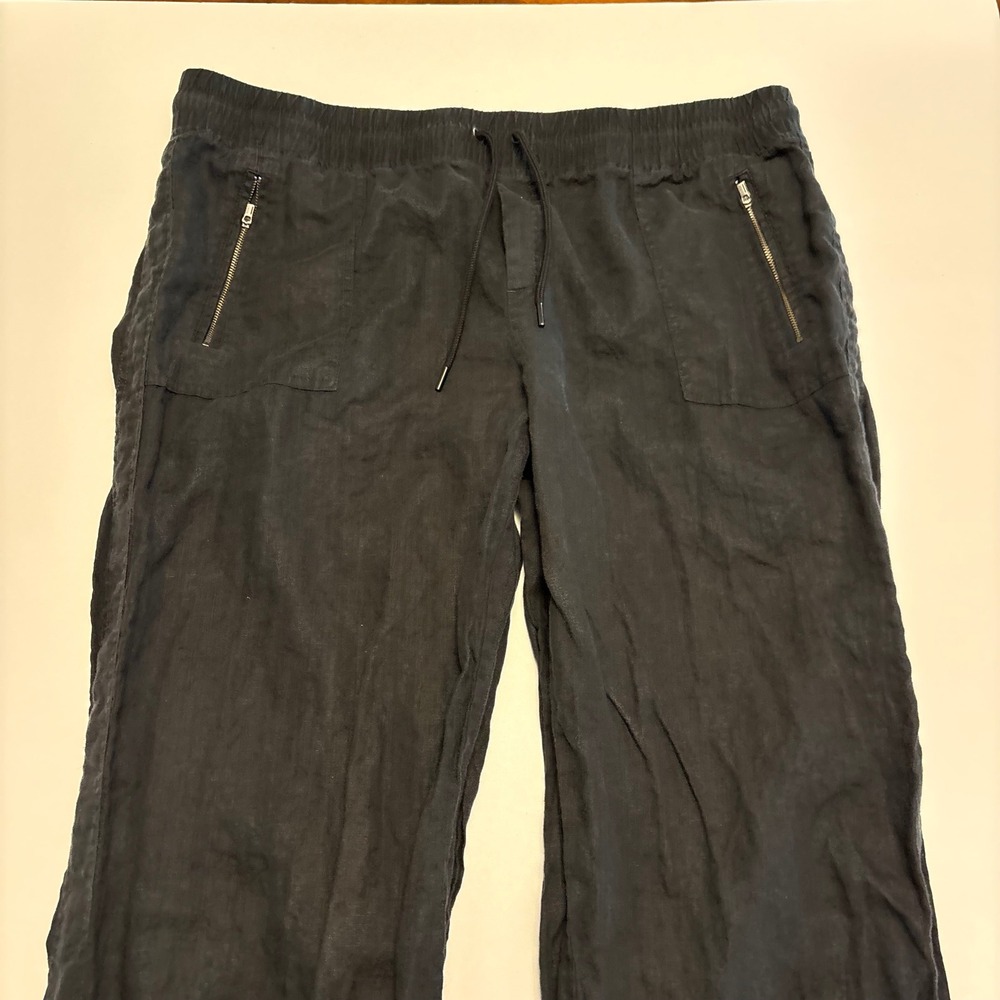 Athleta Cabo Linen Wide Leg Pants Womens 20 Black Drawstring Zipper Pockets